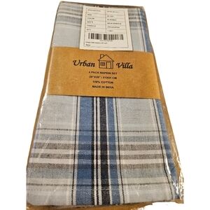 Urban Villa 4-Pack Napkin Set Bue Plaid Pattern 100% Cotton